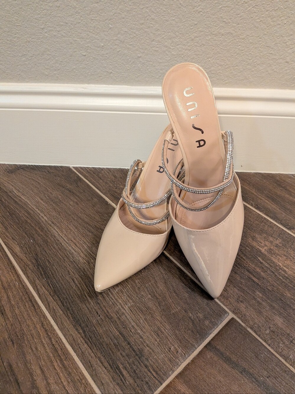 Unisa Nude Patent Heels with Crystal Double-Straps, size 9.5